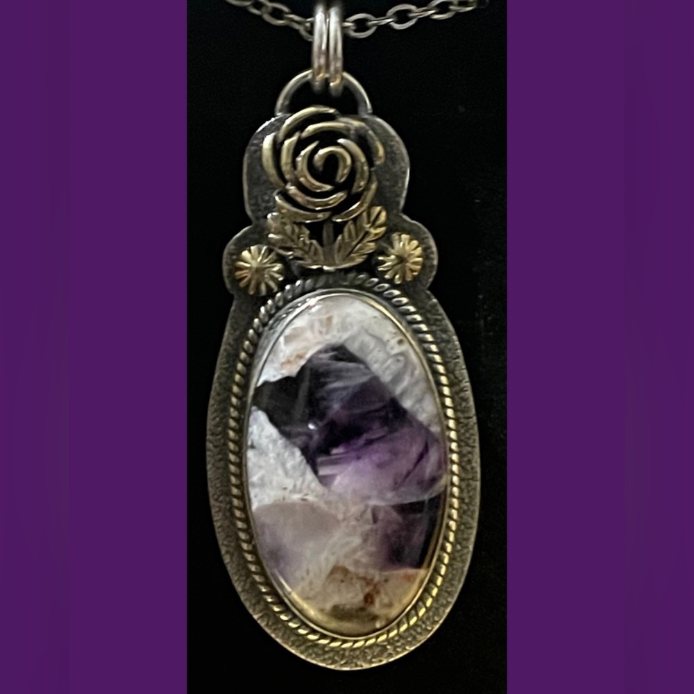 Lace Amethyst Rose Pendant Necklace Silver & Antiqued Brass AM15